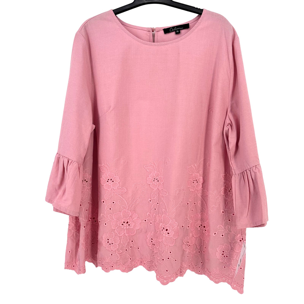 New Calessa Border Embroidered Jewel Neck 3/4 Bell Sleeve Tunic Shirt Size L